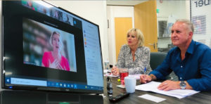 MENOPAUSE TRAILBLAZERS: Dorset Chamber president Caron Khan, left, and chief executive Ian Girling, right, with British Chambers of Commerce director general Shevaun Haviland on screen